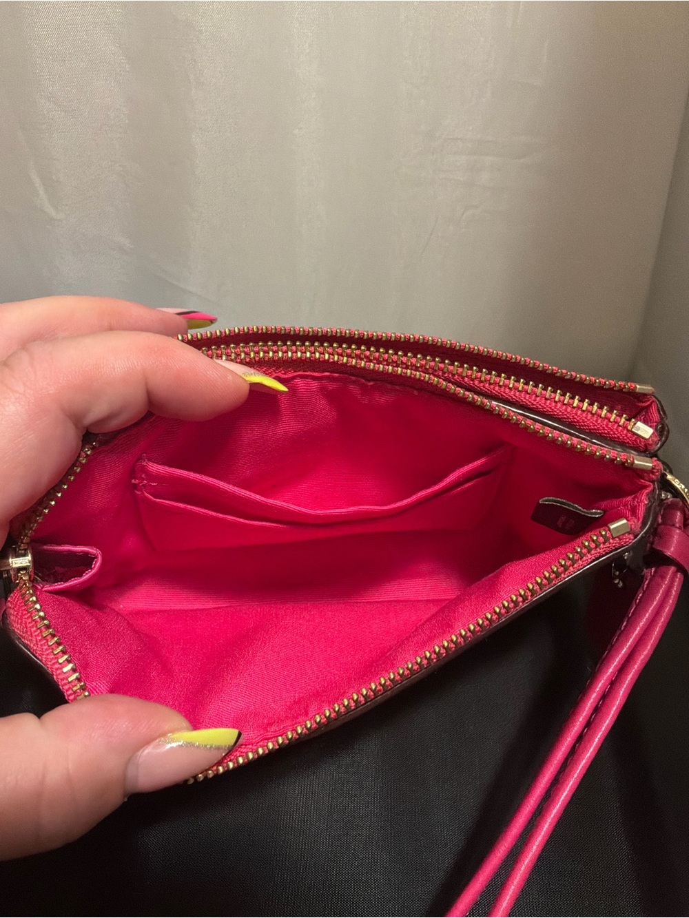 Coach Brown Signature Canvas Wristlet with Pink Trim,Double Zip - Picture 6 of 7